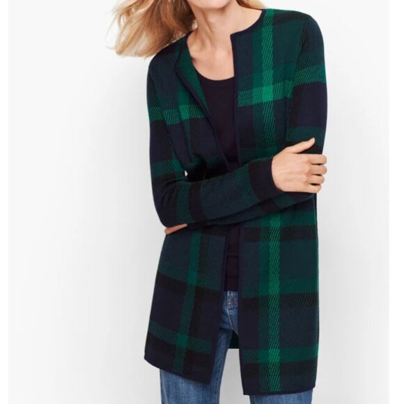 Talbots 100% Pure Merino Wool Plaid Tartan Open Cardigan Sweater Size XL Petites - Picture 1 of 9